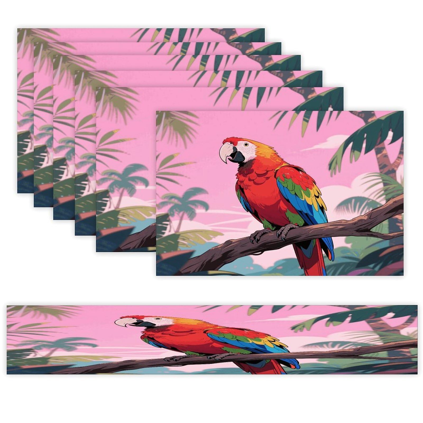Rainbow Parrot Table Runner and Placemats Set of 7 Linen Table Mat Non-Slip Place Mats Washable Placemat Heat Resistant Place Mat with Table Runner for Party Dining Decor