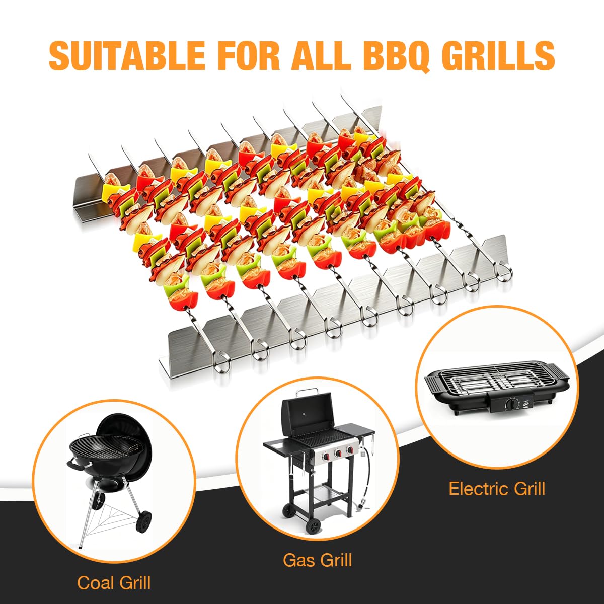 Set de 30 Brochettes Barbecue en Acier Inoxydable 40cm avec 2 Supports de Cuisson à 9 Encoches, Pique à Brochette Plate pour Grillade Jardin, Accessoire Barbecue Inox Lavable au Lave-Vaisselle