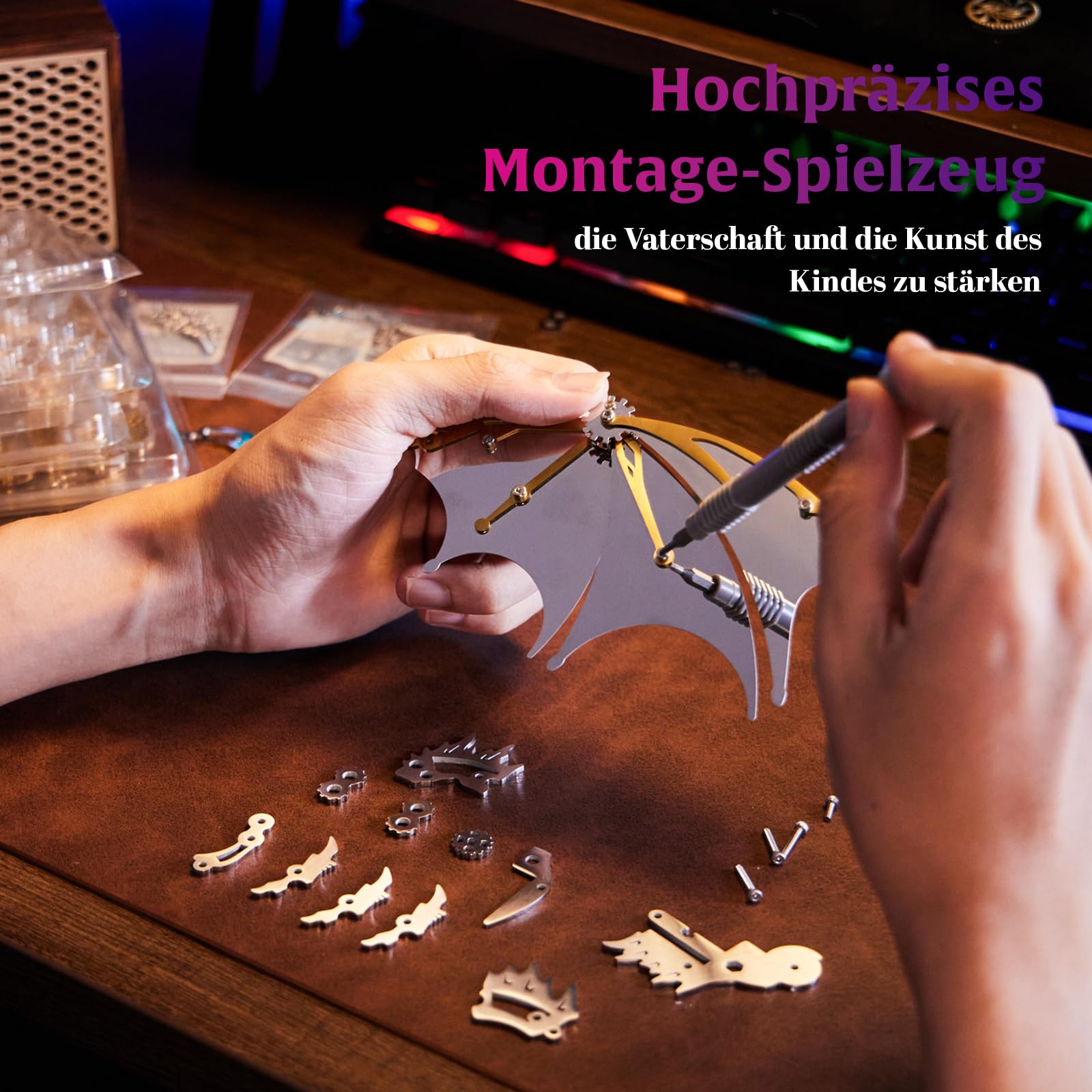 3D-Metallkomponenten-Serie: Kreatives DIY-Puzzle mit Spielspaß und intellektueller Herausforderung für Personen ab 14 Jahren, Roter Wingsaurus (Gold)