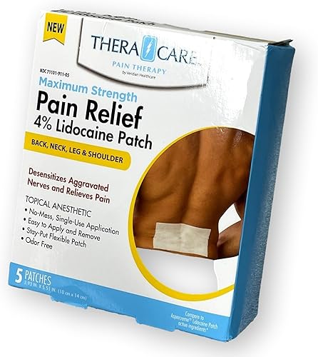 24-911 TheraCare - Parche para alivio del dolor al 4% de lidocaína, solo para uso externo, aplicación adhesiva simple, sin olor, cinco parches