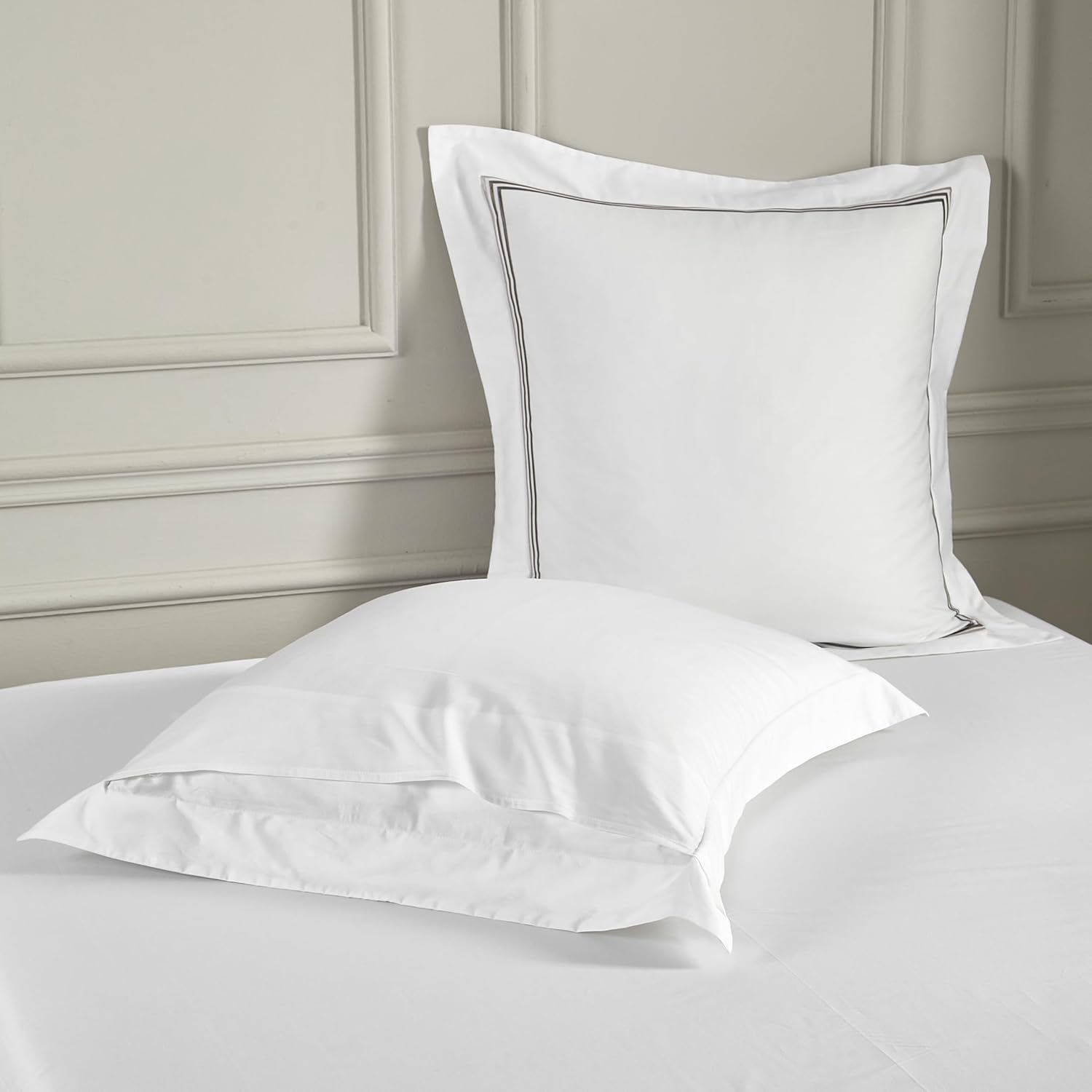 White Pillow Shams Euro Size Set of 2, 100% Cotton Luxury Hotel Embroidered 3-Lines Stitched Hem Pillowcases, 400TC Sateen Weave Decorative Pillow Cases with Envelope Closure for Bedding, 26x26 Inches