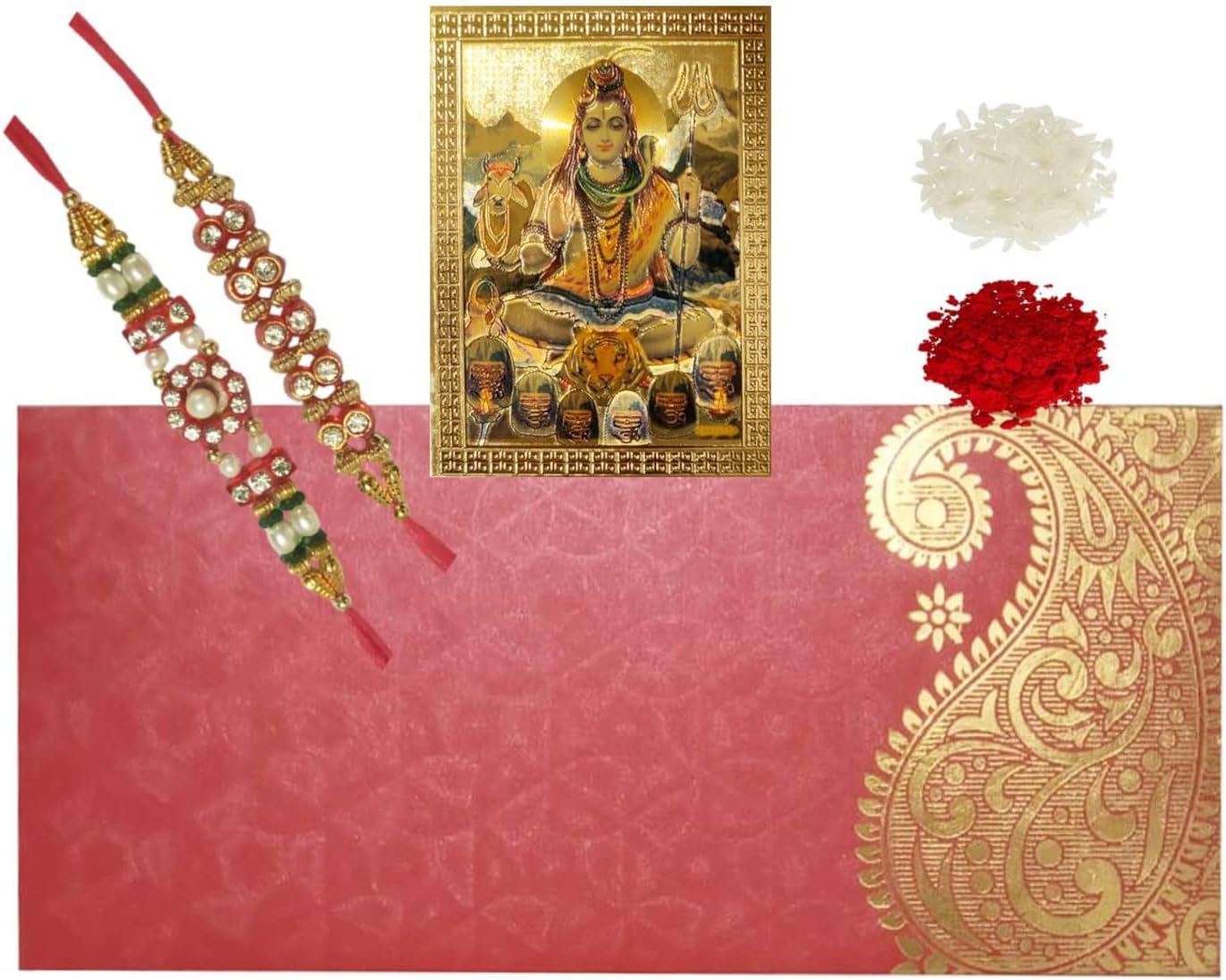 Purpledip Bhai Dooj Rakhi Set for Brother: 2 Rakshabandhan Bracelets, Siva Shiva Sticker, Roli Chawal Tika (rakhi80f)