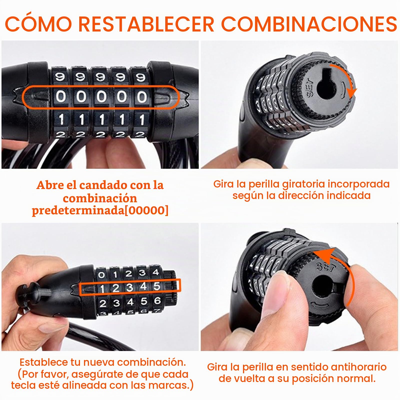 Lectorias 120CM Candado Bicicleta, Candados con Combinacion de 5 Dígitos | Cadena Bicicleta Antirrobo, Cable de Bloqueo, Cerradura de Cable, Cadenas Antirrobo Moto, Cerraduras