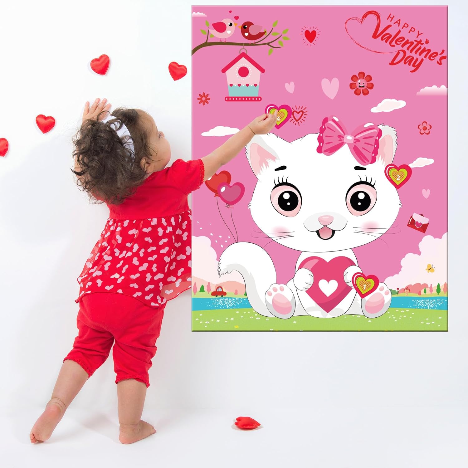 Valentines Games for Kids-Pin The Heart On The Cat-with 30PCS Stickers Valentine Party Activities for Kindergarten Toddler Preschool School Classroom,Holiday Party Favors