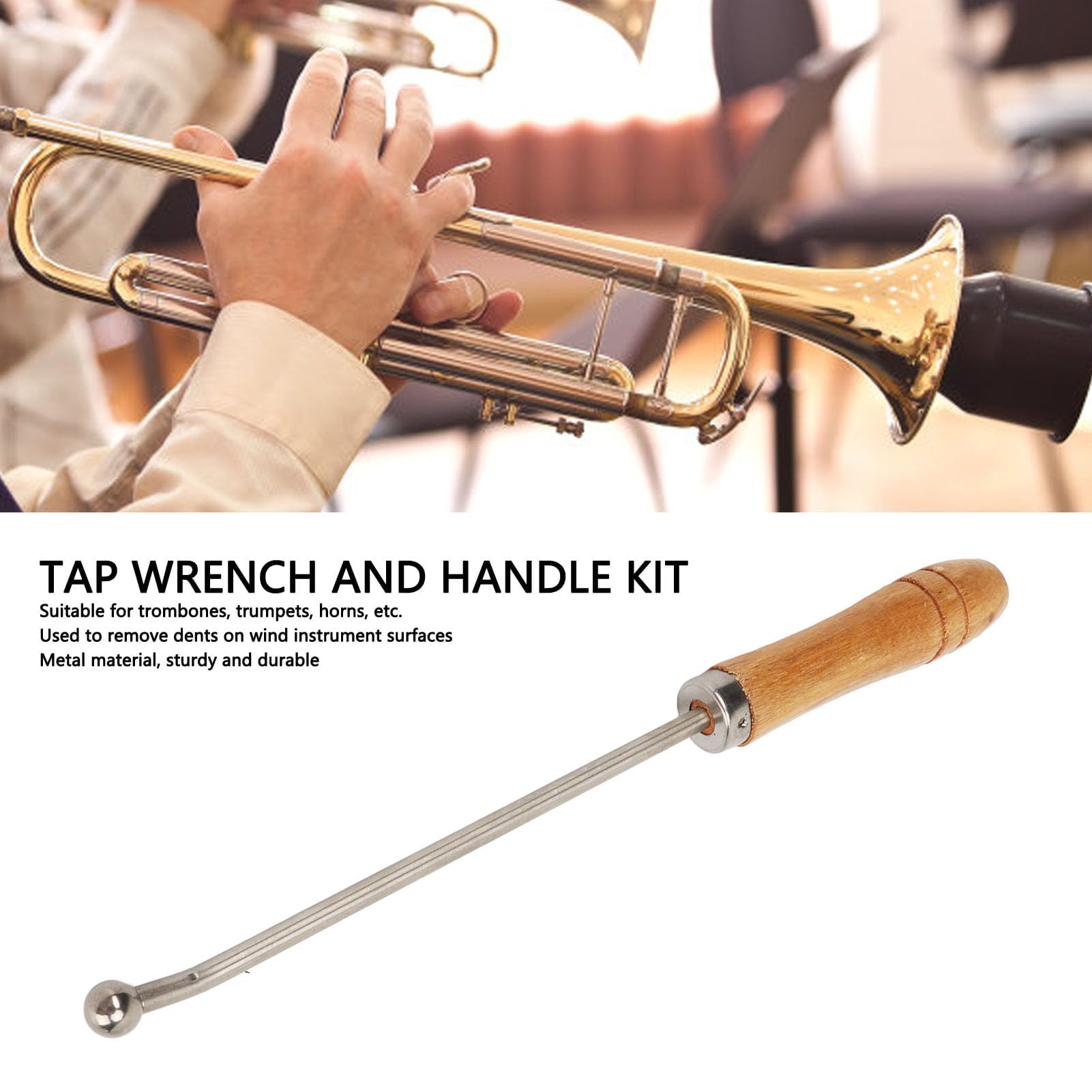 Outil de Réparation de Trompette, Tête Sphérique en Métal, Corne, Trombone, Outils D'entretien du Cou avec Manche en Bois, Accessoire D'instrument