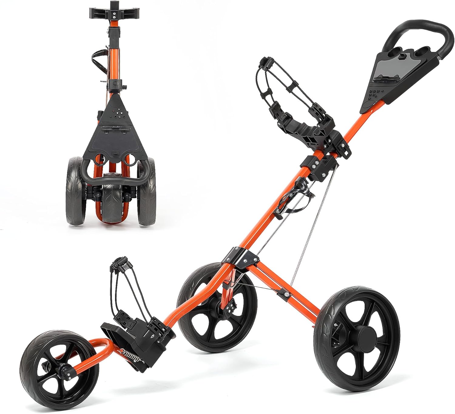 BODIOO Golf Push Cart, 3 Wheel Foldable Golf Cart with Adjustable Handle, Easy Transport & Storage, 360° Swivel Front Wheel, Foot Brake, Cup Holder, Large Wheelbase for All Terrain