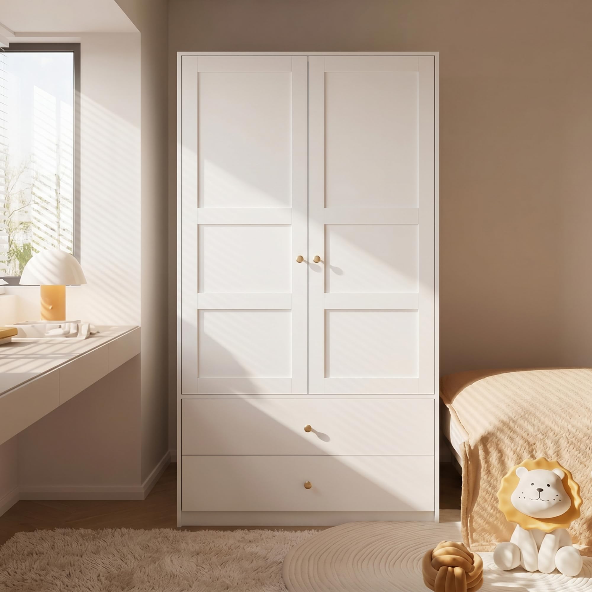 Kebnor Armario de 2 puertas con 2 cajones y barra para colgar ropa, muebles de dormitorio, armario con barra para colgar, 100 x 48 x 180 cm, color blanco
