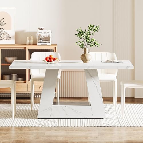 Miniatura 8 de Tribesigns Mesa de comedor para 4 a 6 personas, mesa de comedor rectangular de 63 pulgadas, moderna mesa de comedor de mármol sintético de madera