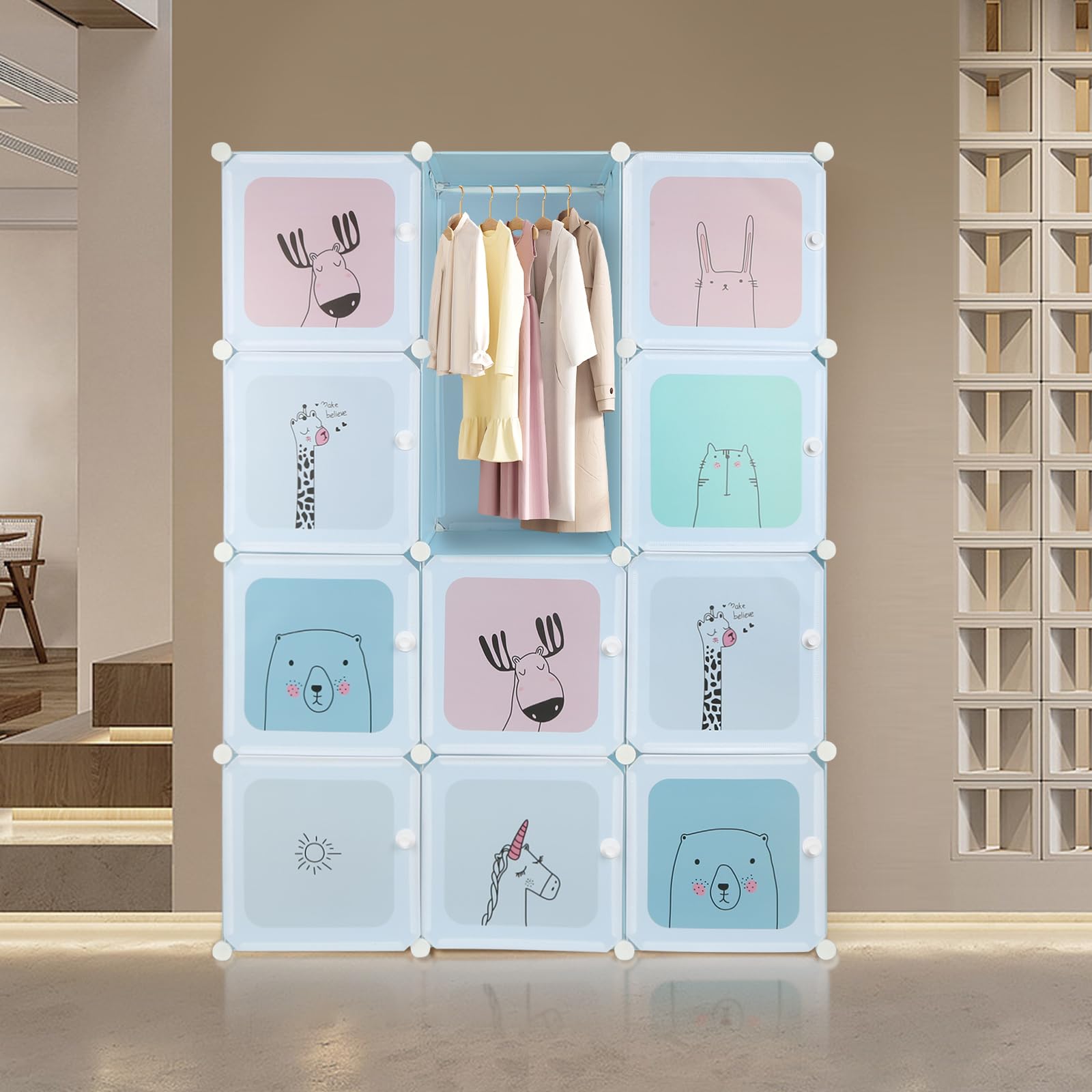 LANTUS Armoire Penderie Portable, Étagère de Rangement, Cubes de Stockage Modulaire en Plastique, Assemblage Facile pour Vêtements, Accessoires, Jouets,110 * 145 * 37cm-Bleu