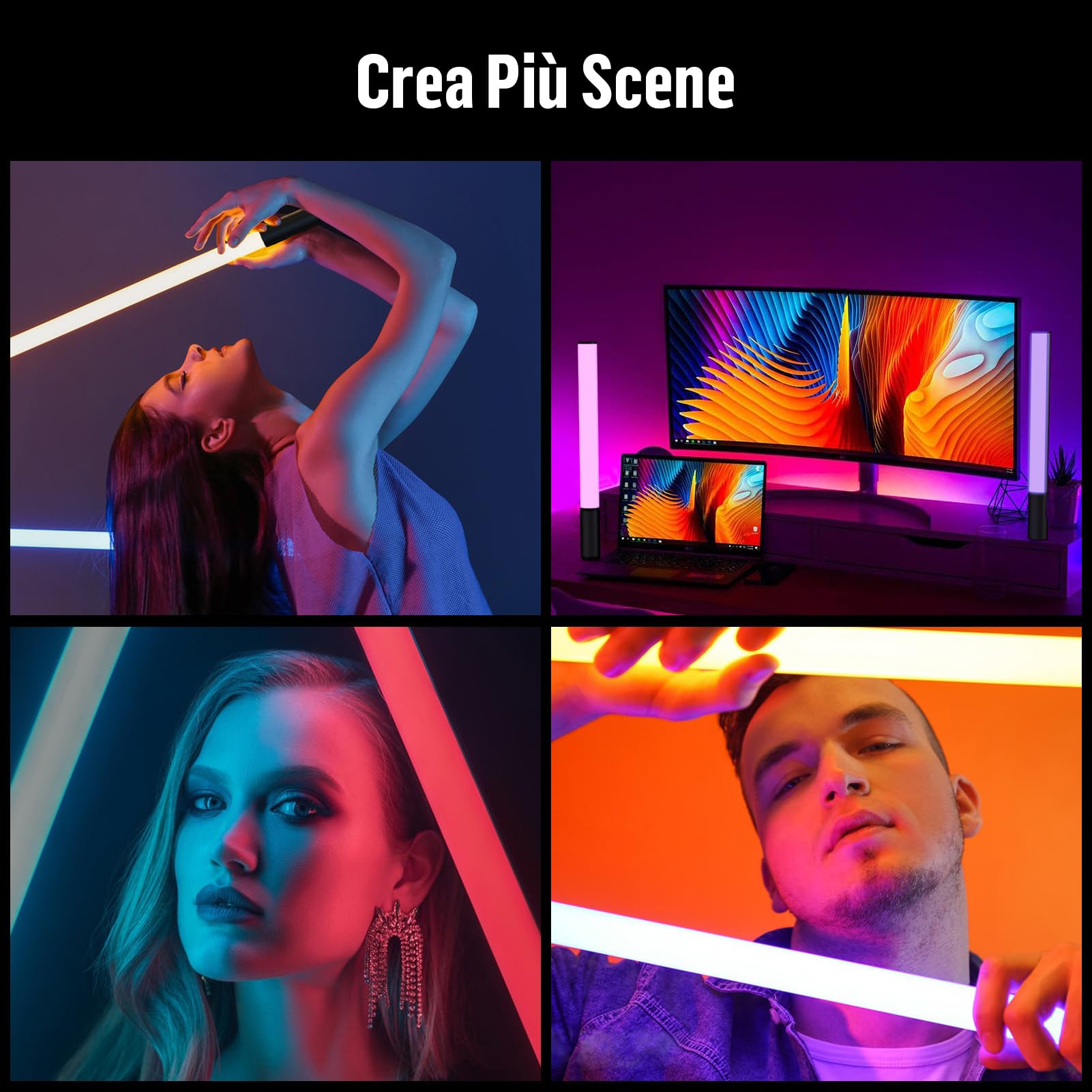 Luce Video RGB LED Tubo, Barra Luminosa LED Portatile per Fotografia Video YouTube TikTok Vlog con 2600mAh Ricaricabile, Luminosità Regolabile 2500K-9900K Dimmerabile 360° Colori 24 Scena