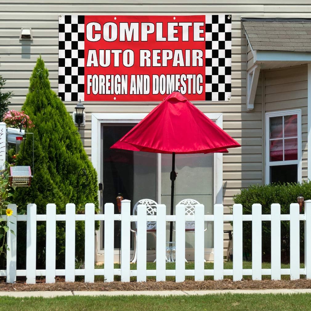 Vinyl Banner Multiple Sizes Complete Auto Repair Foreign Domestic Body Shop A Automotive Outdoor Weatherproof Industrial Yard Signs Red 4 Grommets 24x36Inches