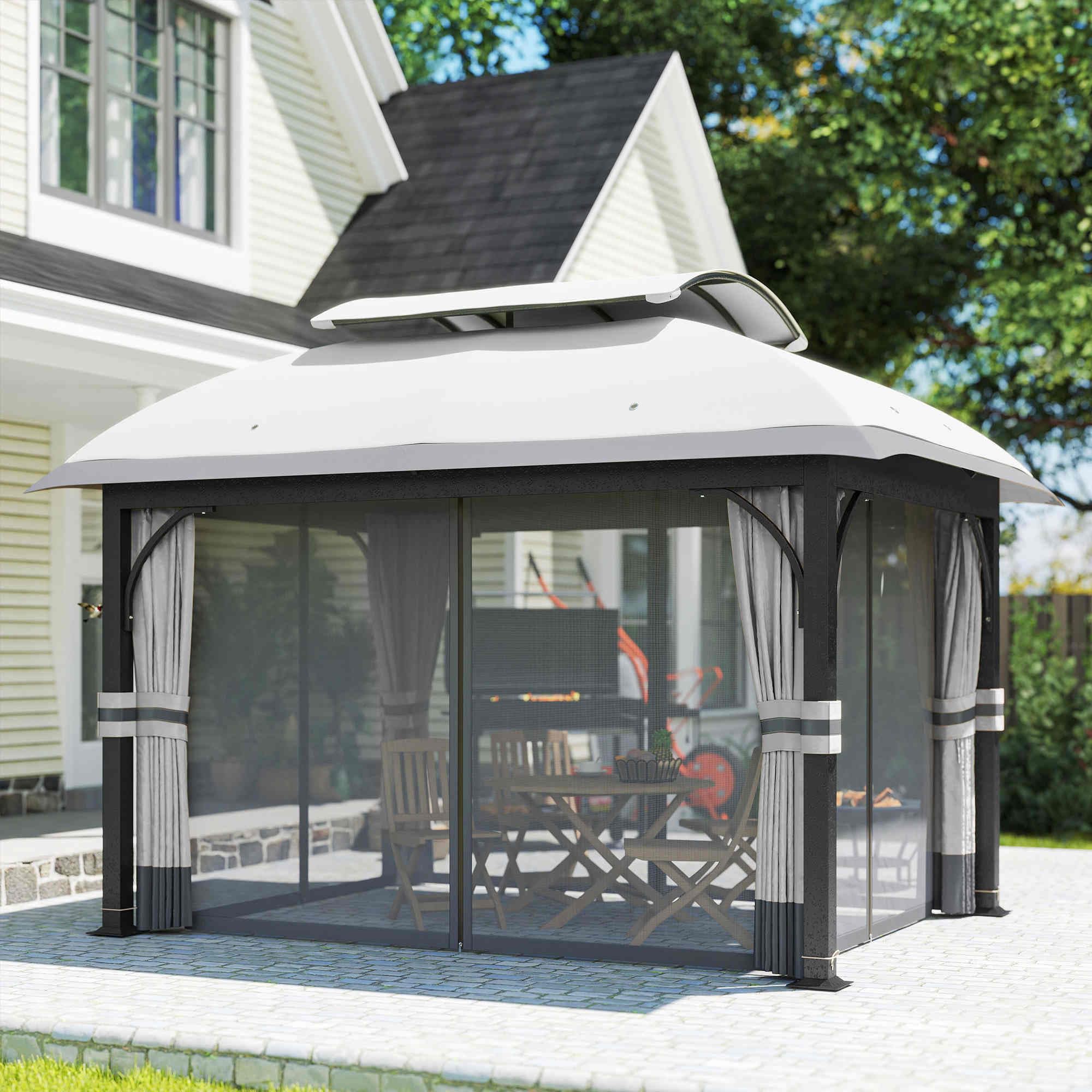 Outsunny Pavillon mit Doppeldach, 4x3,3 m, wasserabweisend und stabil, Winterfest Gartenpavillon aus verzinktem Metall mit Moskitonetz und Seitenteilen, für Garten oder Terrasse, Hellgrau