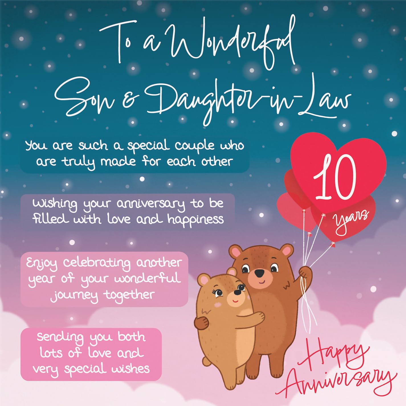 Hunts England, Son And Daughter In Law 10th Anniversary Card, Starry Night, Cute Bears - Image 2