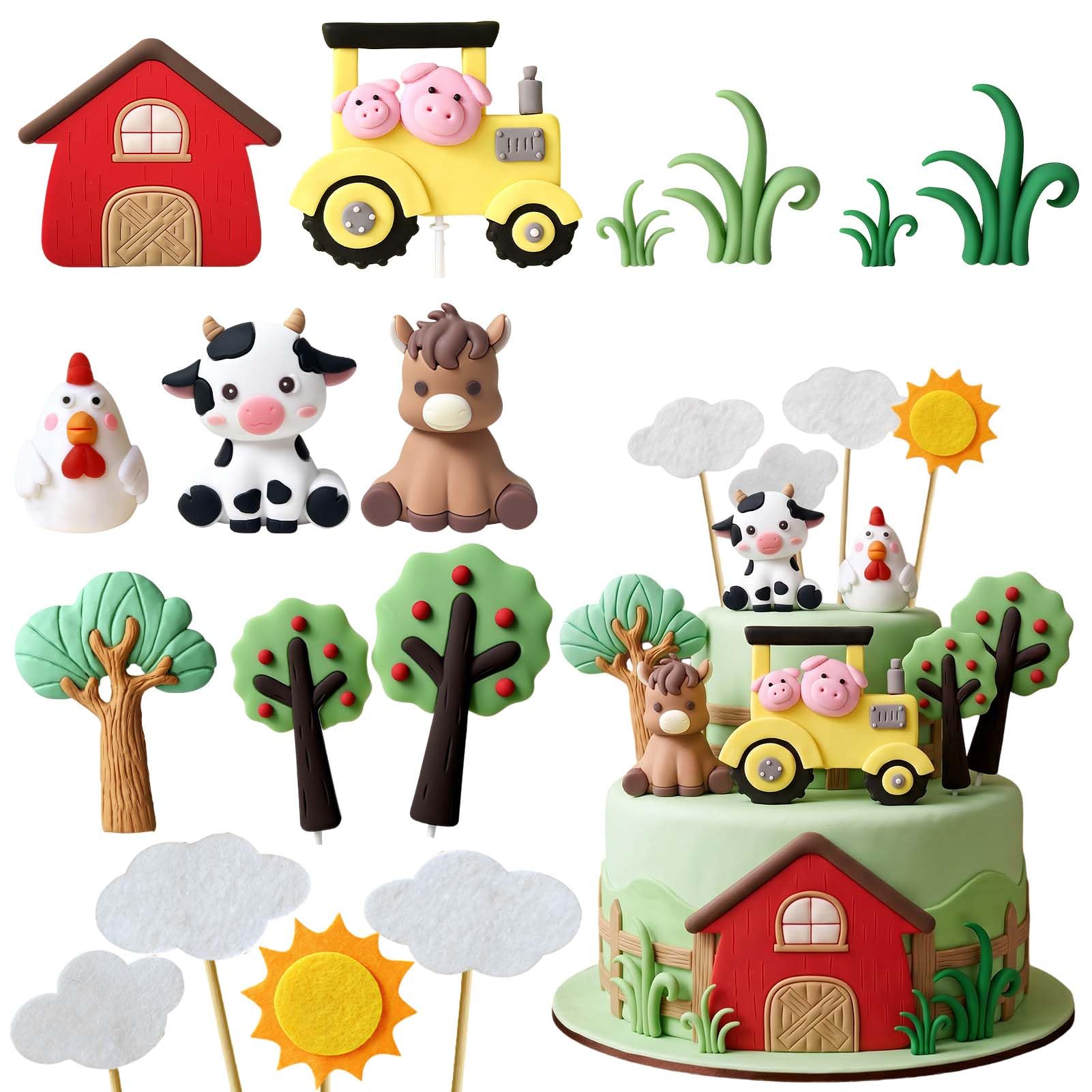 Farm Animal Cake Decoration 16pcs Cartoon Animal Birthday Cake Toppers, Pig Cow Horse Chicken Cupcake Toppers for Farm Animal Baby Shower Birthday Party Decorations