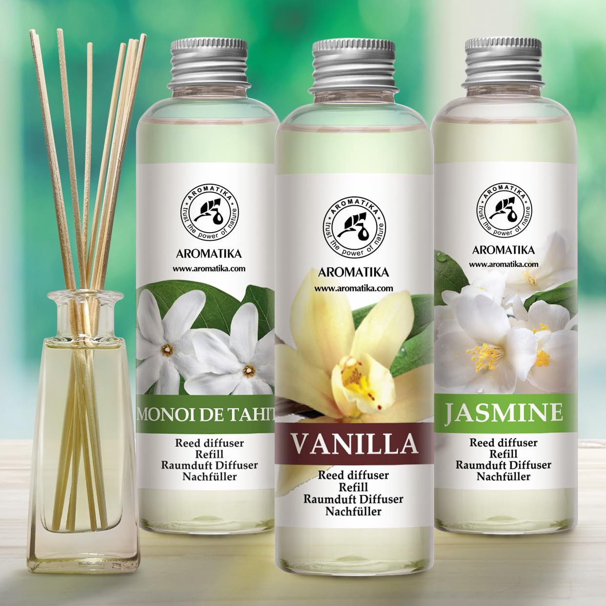 Raumduft Diffuser Nachfüller Monoi de Tahiti & Vanille & Jasmin 600ml - 3x200ml - Nachfüller Set für Duftdiffusor - Reed Diffuser Refill - Raumbeduftung - Zimmerduft - Diffuser Nachfüllen - Raumluft