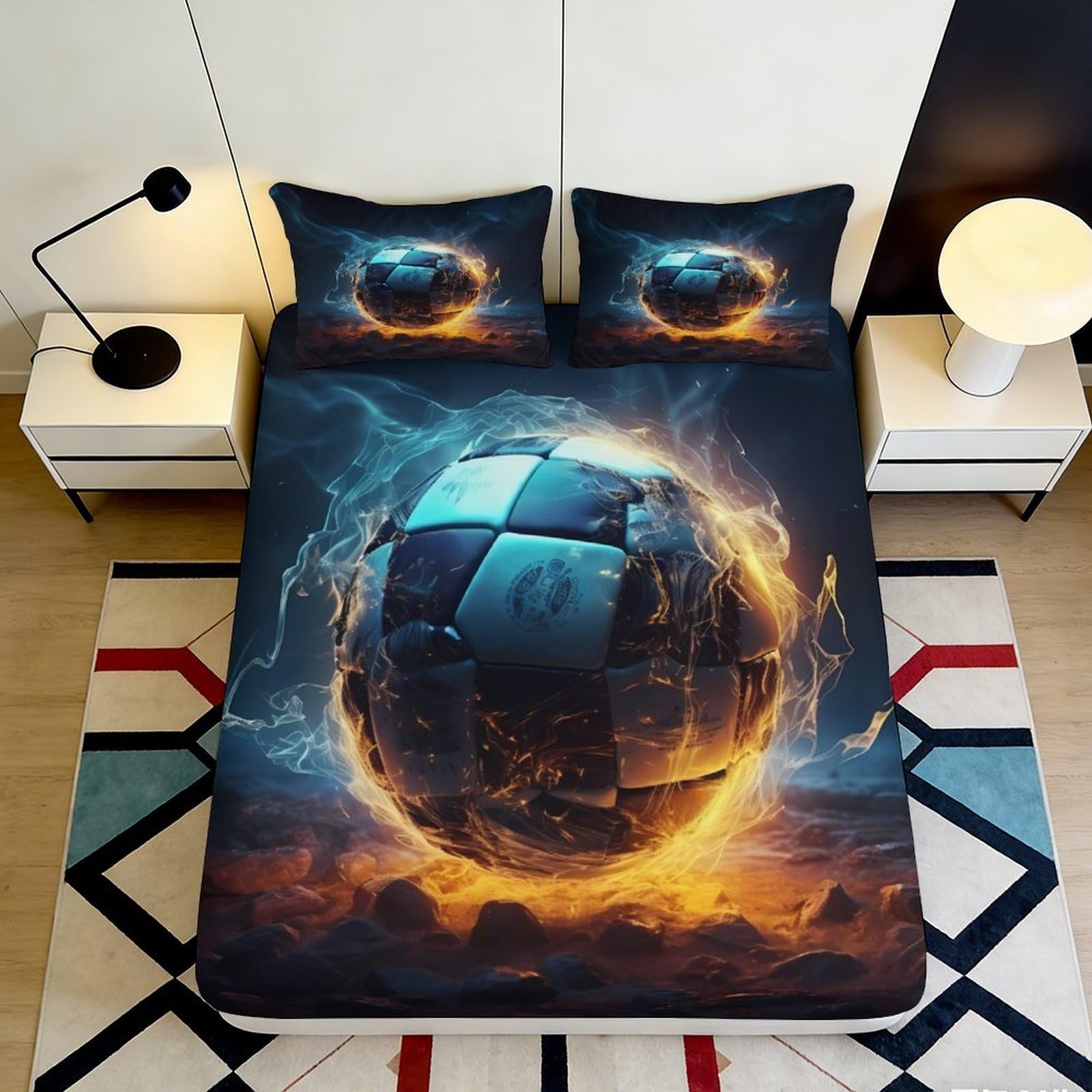 Pnayamiorkfel Style-1 3D Printed Fire Soccer Fitted Sheet Microfiber Soft Bed Cover Flame Ball Mattress Cover For Bedroom Dorm Decor 90X200x25cm