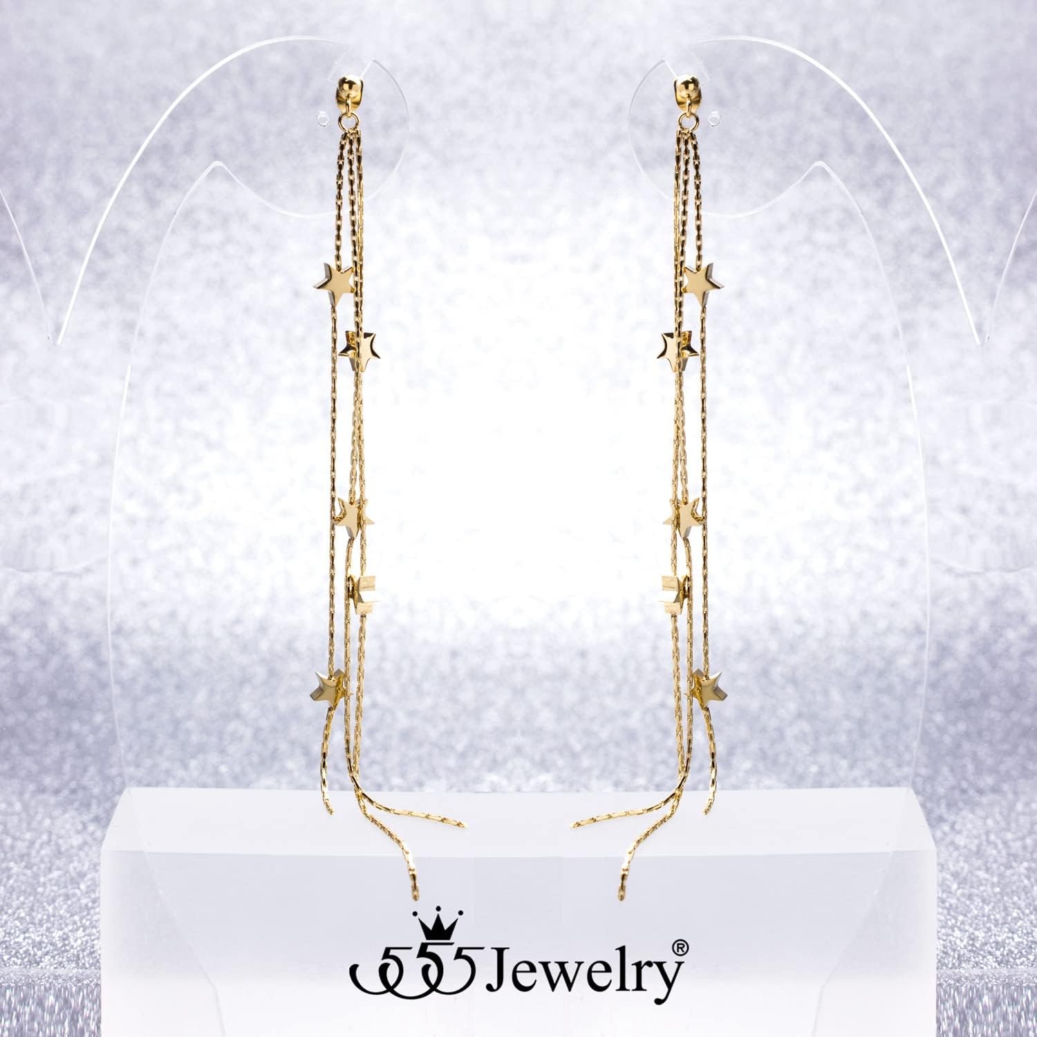 555Jewelry Stainless Steel Dangle Drop Long Sparkly Stars Earrings for Women - Image 7