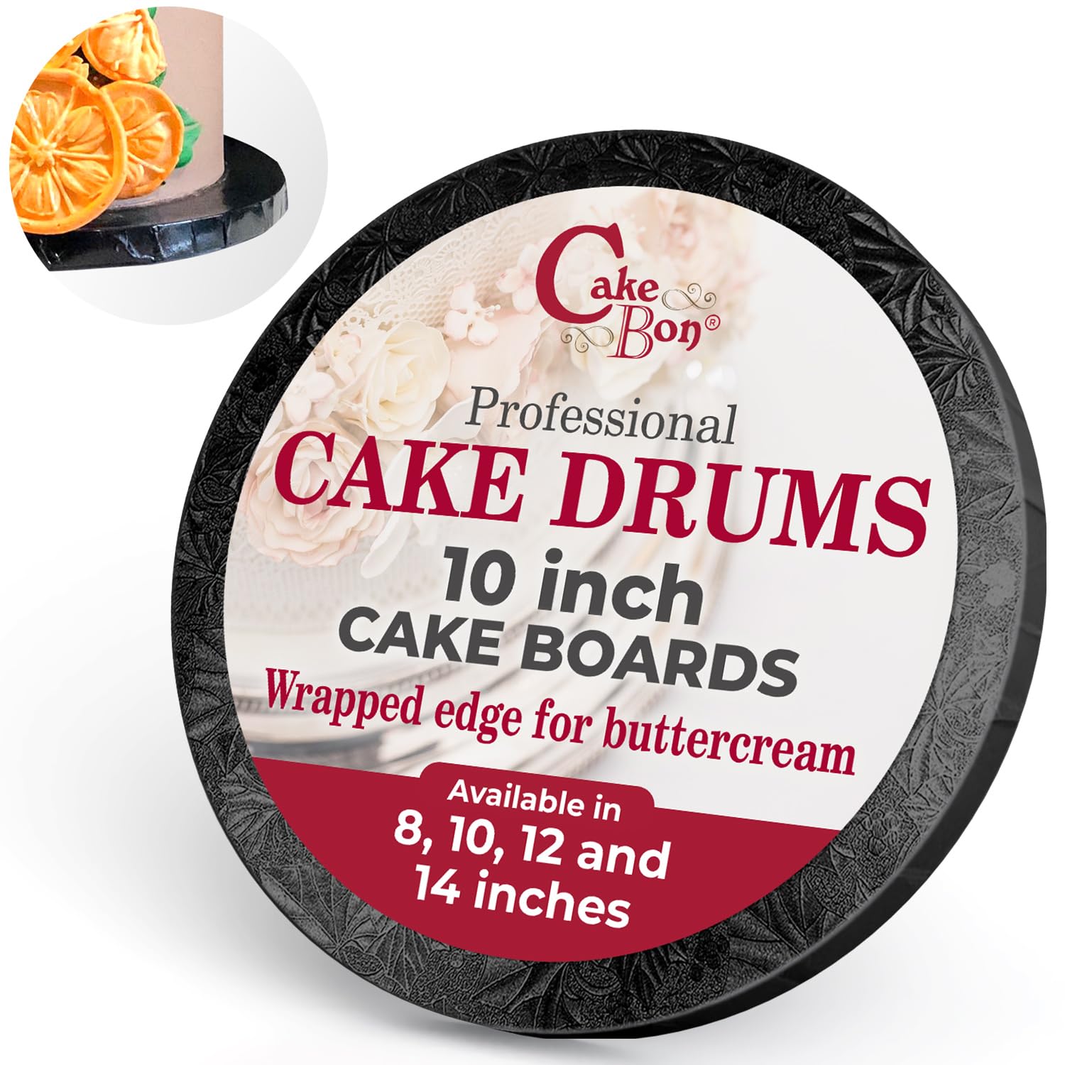 Cakebon Round Cake Boards - Sturdy 1/2 Thick Cake Drums - 10 Inch Professional Base para Pastel Fully Wrapped Edges Black 6-Pack