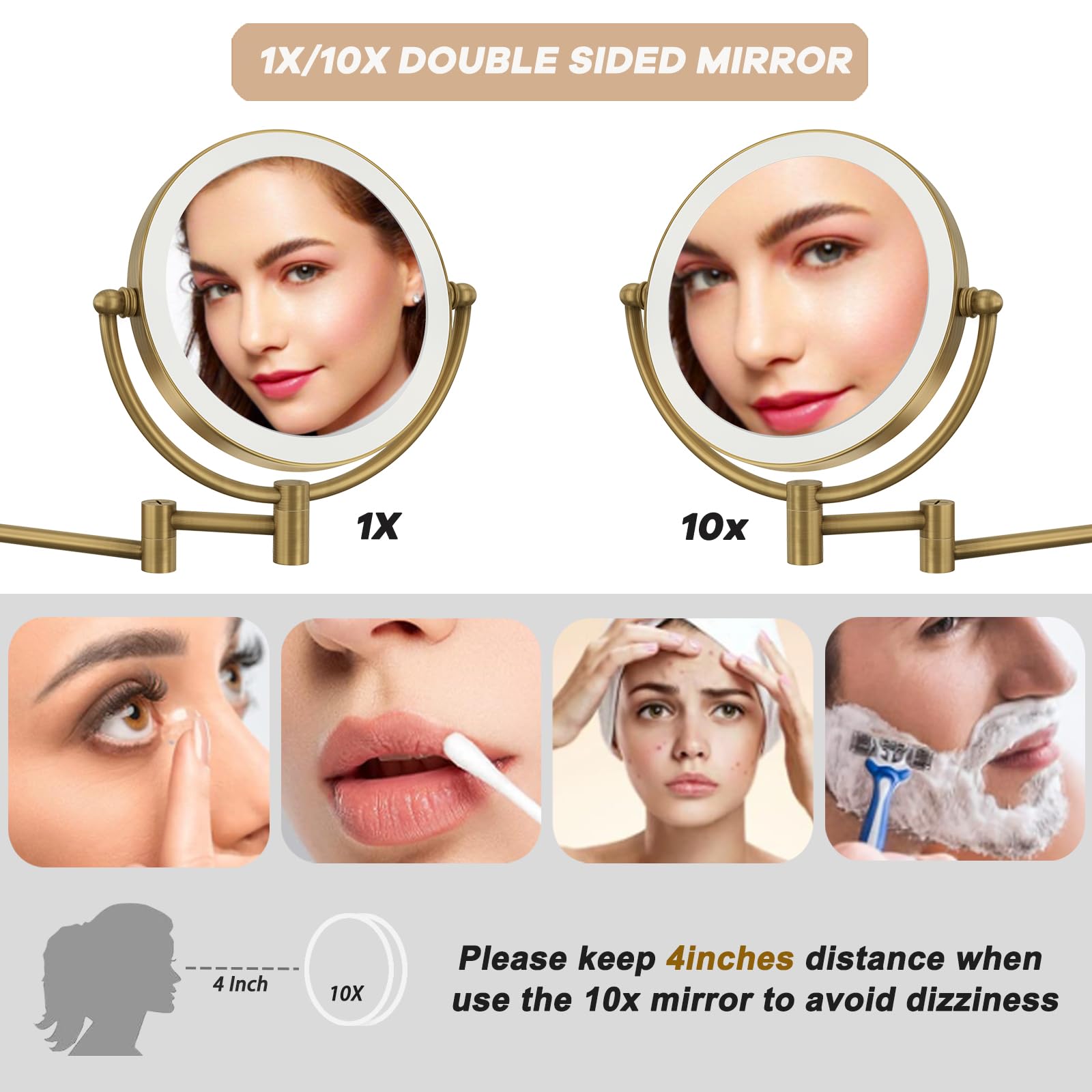 Miroir de maquillage à montage mural éclairé grossissant x10 câblé, double face avec éclairage 3 couleurs, fonction de gradation tactile, bras pivotant à 360° et bras extensible pour rasage