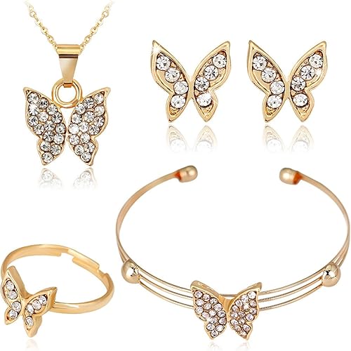 TPCHOICE Juego de 4 joyas de circón para mujer, elegantes collares de mariposa y circón, aretes, anillos, joyería de moda, regalos para damas