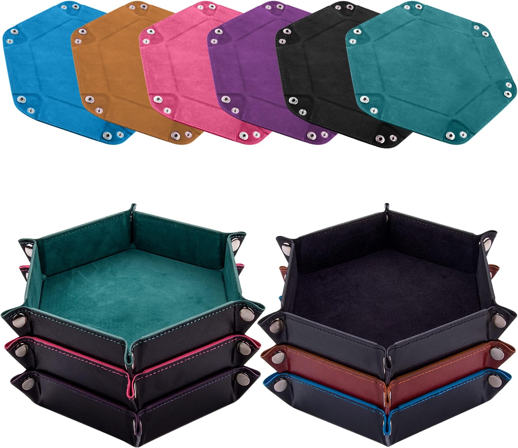 SIQUK 6 Pieces Dice Tray Hexagon Dice Rolling Holder Folding PU Leather Dice Trays for Dice Games Like RPG, DND and Other Table Games(Cyan, Black, Violet, Pink, Camel, Sky Blue)