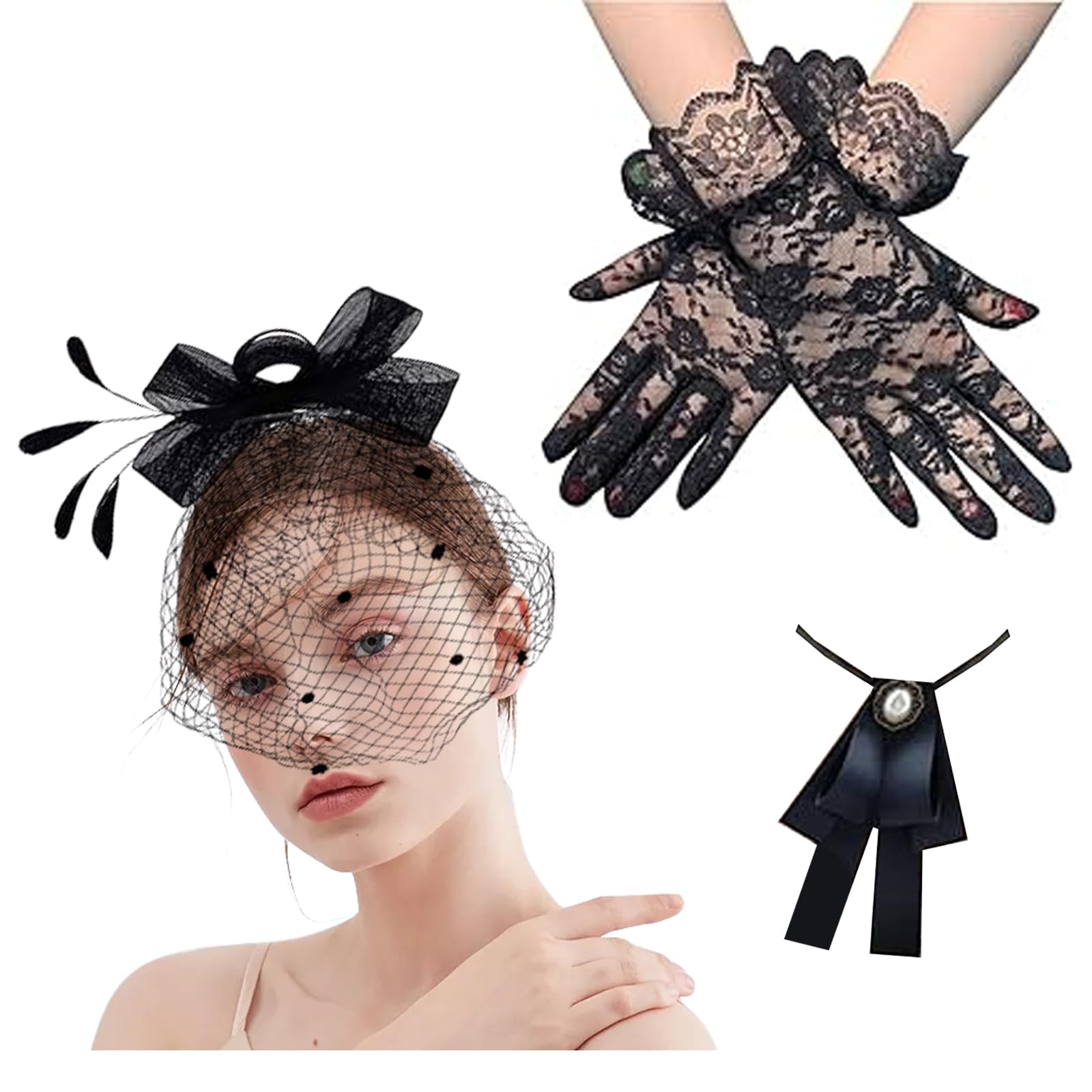 Aulufft 3 Pcs Veil Fascinator Hat, Feather Veil Mesh Hat, 50s Black Bow Tie and Short Lace Gloves for Women Costume Accessories Tea Party