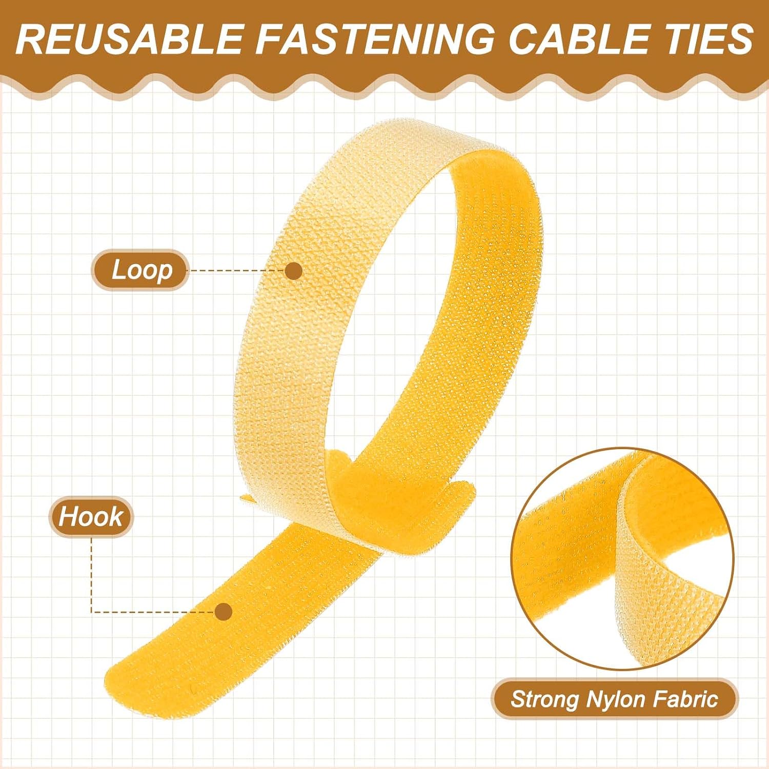 PATIKIL 8 Inch Reusable Cable Ties, 50 Pcs Adjustable Fastening Hook and Loop Straps Cord Management Wire Wrap Organizer for Home Office Cables, Yellow