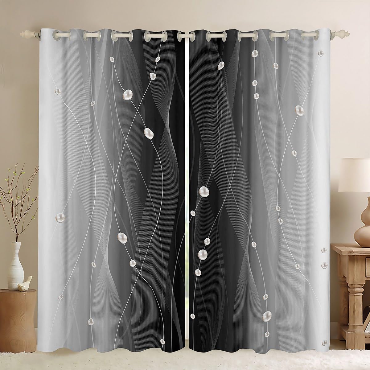 Grey and Black Darkening Drapes Strip Lines Curtains for Bedroom Living Room For Kids Women Men Ombre Pearl 30%-50% Blackout Curtains Geometric Window Treatments W52*L90