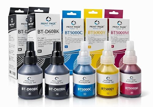 Print Page BT-D60BK & BT5000 (C/Y/M) Premium Refill Ink Compatible for Printers T220, T420, T520, T820, T920, T510, T910, T710, T4000W, T4500W (C/Y/M + 2 Black)(Black - 105ml, C/Y/M - 50ml Each)
