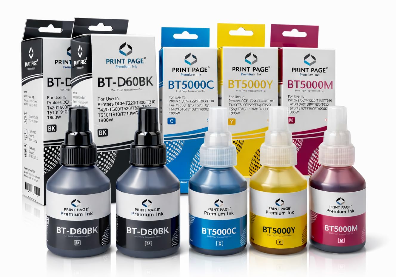 Print Page BT-D60BK & BT5000 (C/Y/M) Premium Refill Ink Compatible for