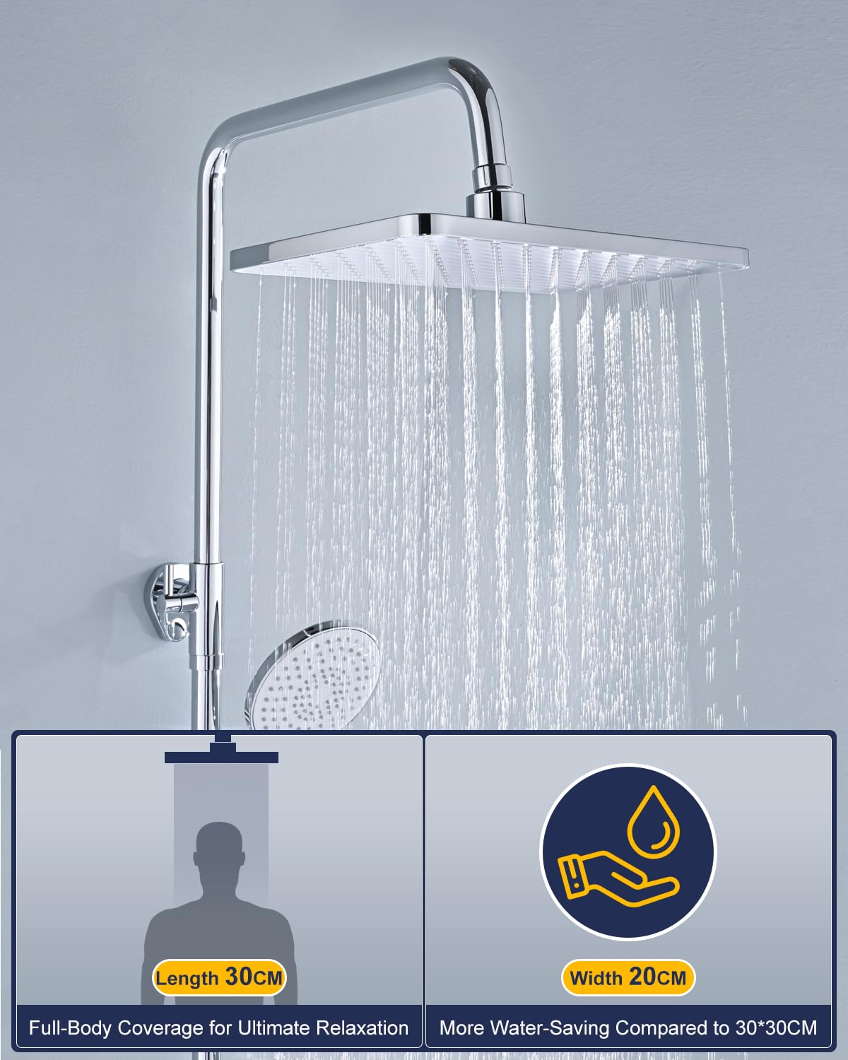 YEAUPE PRO Columna de Ducha Acero Inoxidable sin Mezclador, Ducha de lluvia 30 * 20CM, Teleducha Regulable en 3 Modos, Barra de Ducha Regulable en Altura de 65 a 102CM Set Ducha