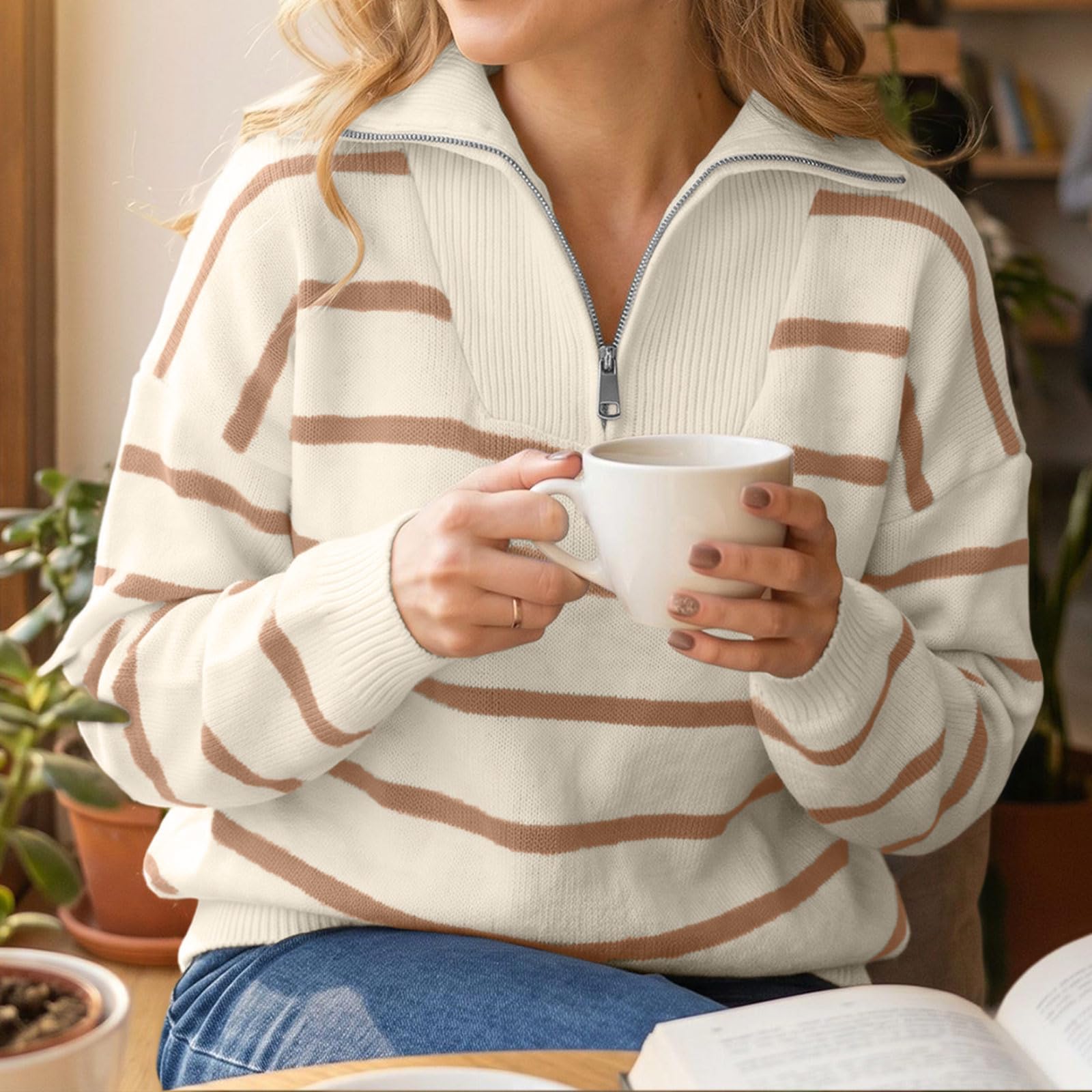 Strickpullover Damen Gestreifter Winterpullover Oversize Langarmshirt