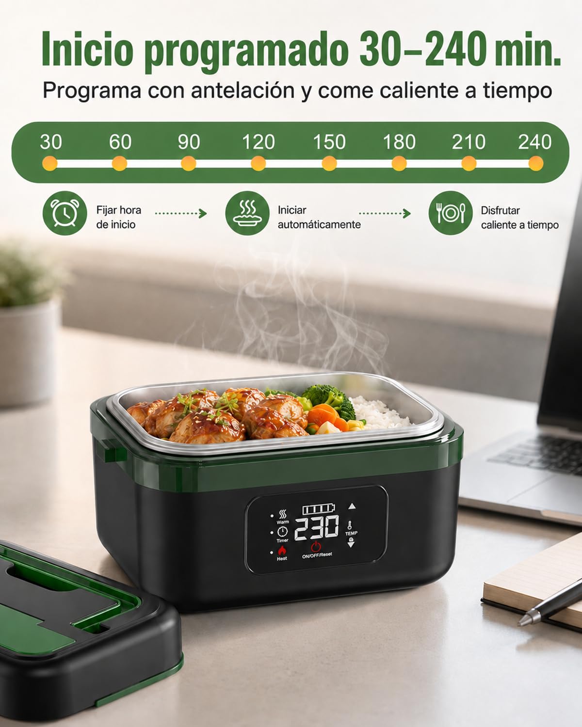 LANMOU Fiambrera Eléctrica Sin Cables 1L, Batería 16000mAh, Acero Inox 304 | Tupper Eléctrico Recargable Usb-C, 6 Temperaturas, Temporizador, Para Coche Camión Oficina Y Trabajo, 60w