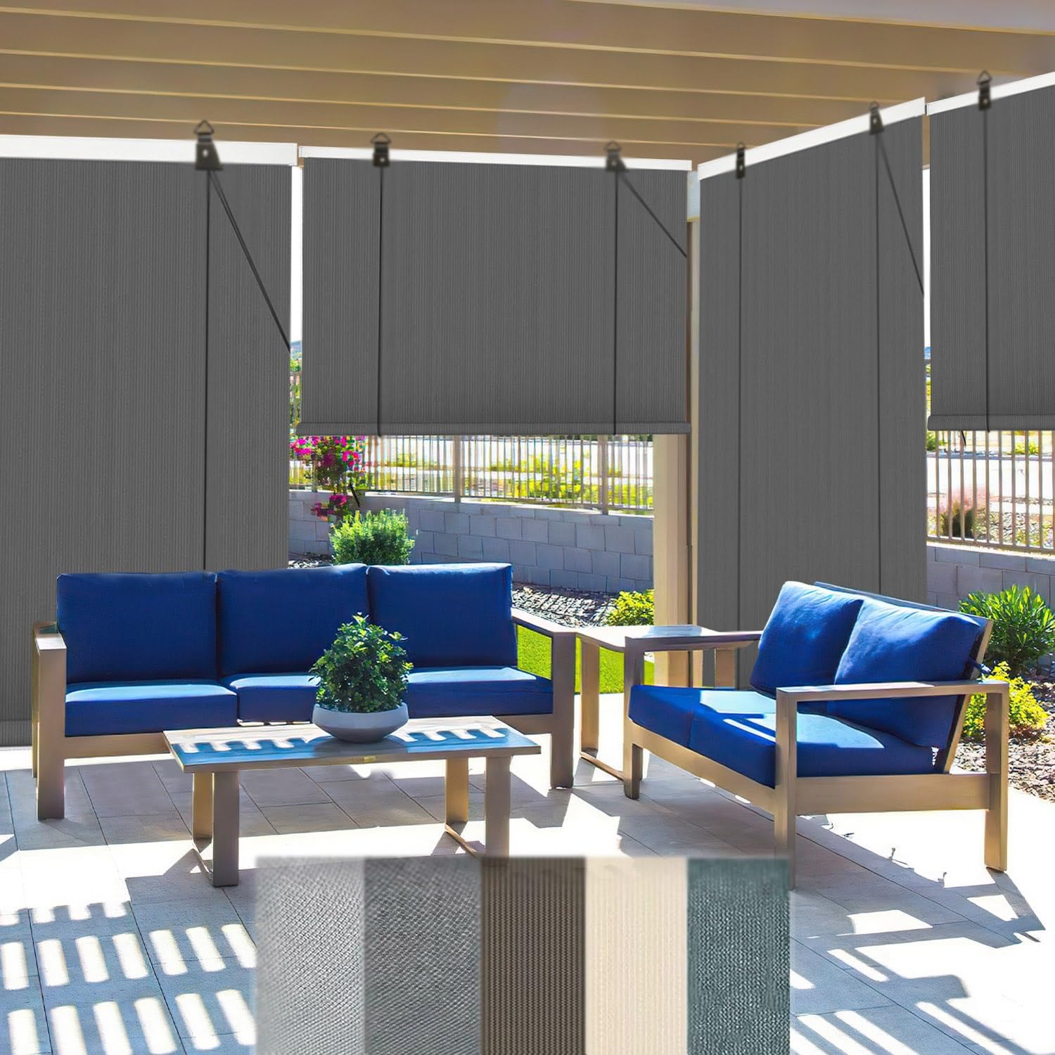Roleta rzymska 90 x 100 120 x 130 140 x 220 cm, zewnętrzne pionowe zasłony przeciwsłoneczne, beżowo-zielono-szary, wodoodporna, trwała, ochrona przed słońcem, ochrona UV i prywatność (szary, H200 x