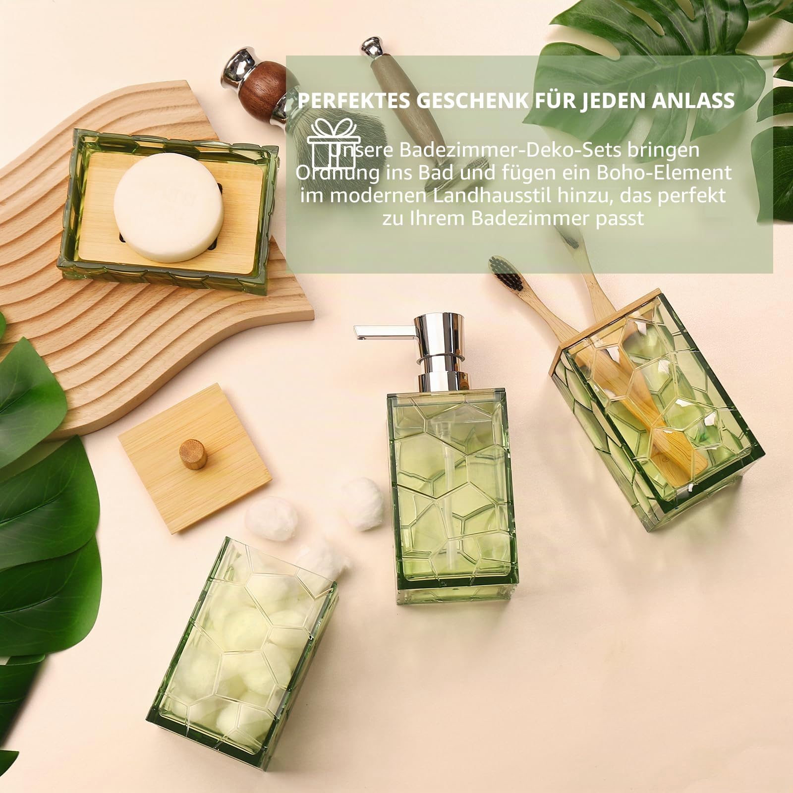 GAHEFY Salbeigrün Badezimmer-Zubehör-Set, Zahnbürstenhalter, Seifenspender, Wattestäbchen-Halter, Seifenschale, WC-Bürste mit Halter, Boho-Bambus-Badezimmer-Dekor, Acryl (Grün)