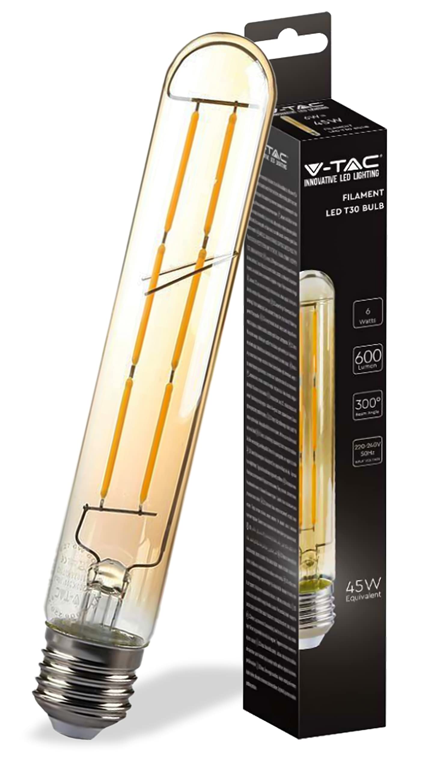 V-TAC Bombilla LED de filamento ámbar T30 con casquillo E27-6 W (Equivalentes a 45 W) – 100 lúmenes – Bombillas vintage cristal – Máxima eficiencia y ahorro energético – 2200 K blanco cálido