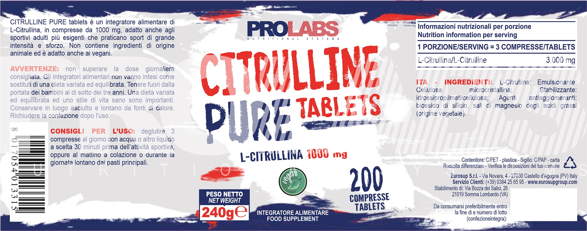 Citrulline Pure 1000 Mg 200 compresse + Prozis H2O Omaggio - Citrullina in compresse