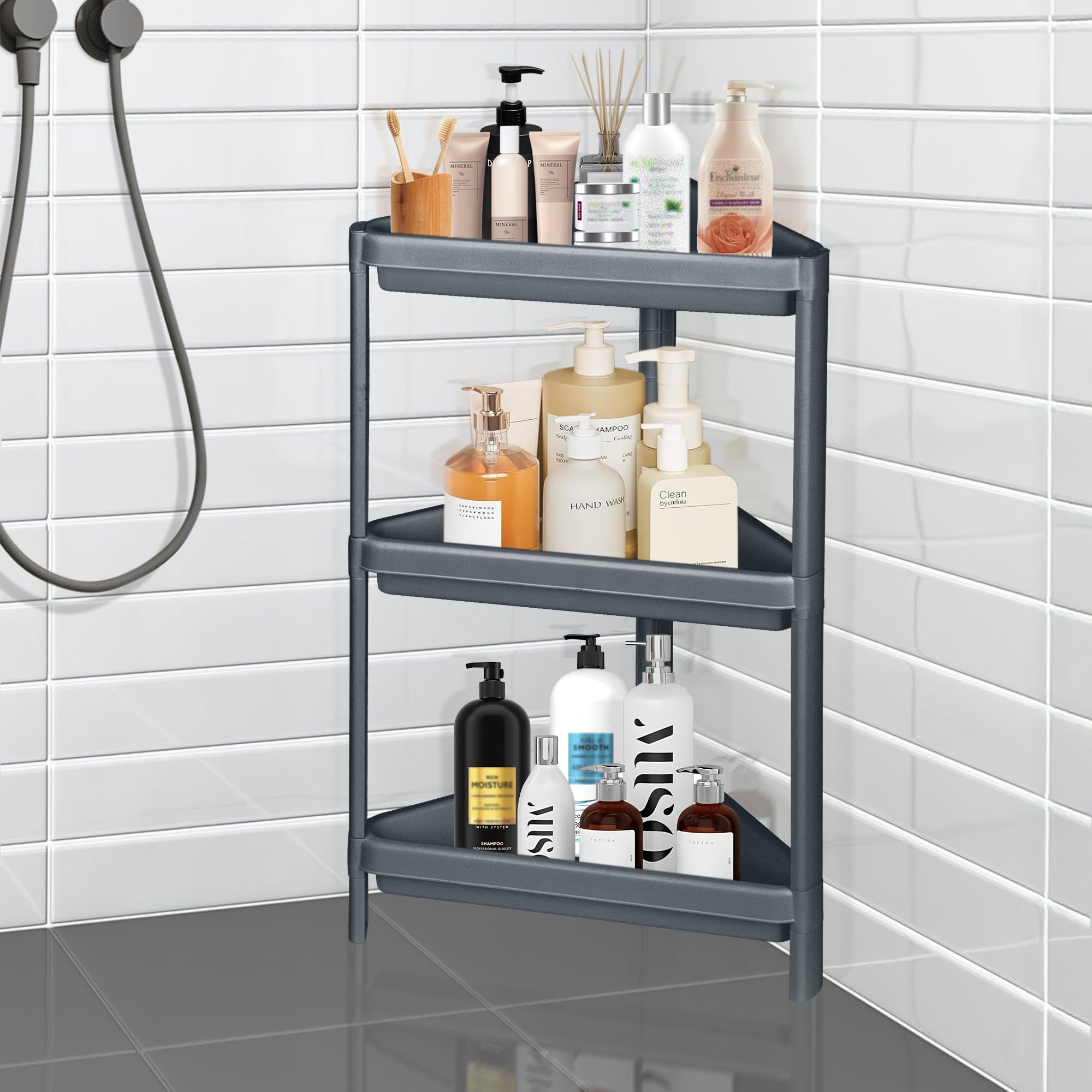 DecorRack 3 Tier Shower Caddy Organizer Corner Shelf Plastic Shower Rack Stands for Inside Bathroom Bathtub Gray