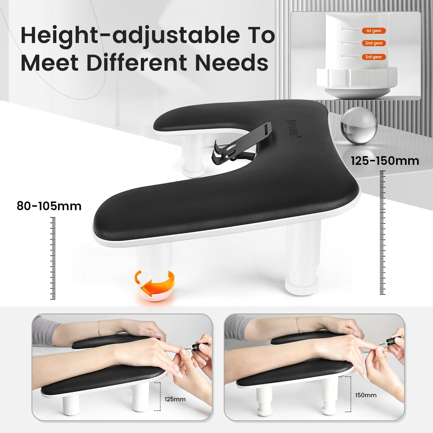 JODSONE Accoudoir noir en forme de U pour technicien des ongles avec support de téléphone portable intégré rotatif à 360° et accoudoir réglable pour manucure en salon