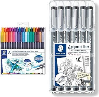 Staedtler Feutres de coloriage aquarellables à double pointe, Pointe pinceau 1-6 mm et pointe fine 0.5-0.8 mm & Pigment Li...