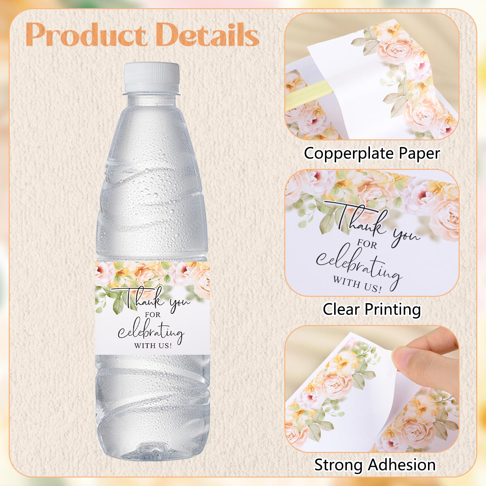 URROMA Etiquetas Para Botellas De Agua, 50 Unidades, Diseño De Flores Y, image size:1600x1600