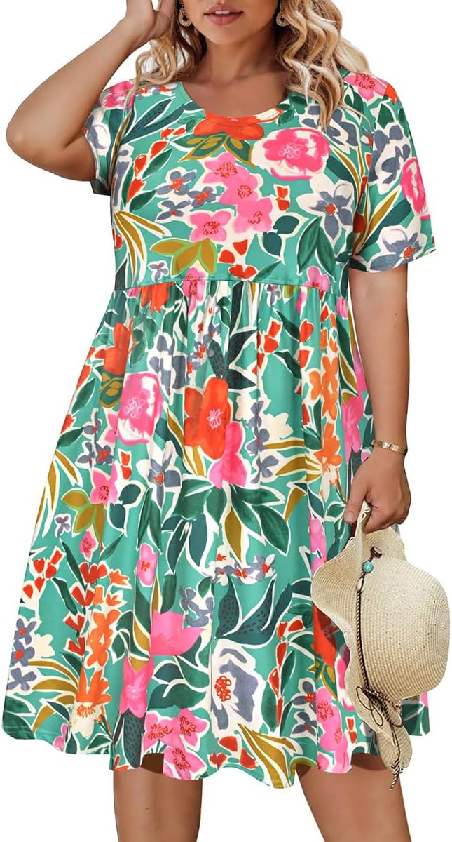 CARCOS Womens Plus Size Dresses Summer Short Sleeve Babydoll Dress Beach Casual Loose Mini Sundresses with Pocket XL-5XL