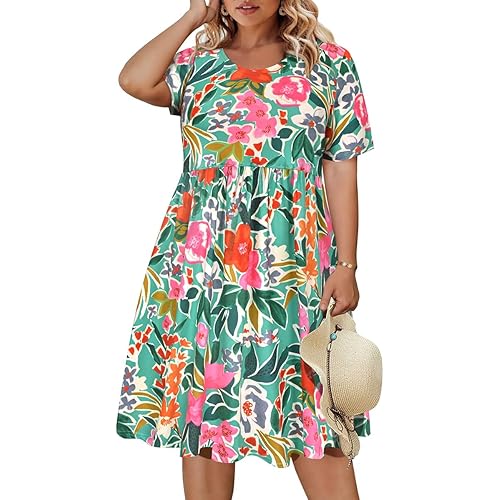 CARCOS Womens Plus Size Dresses Summer Short Sleeve Babydoll Dress Beach Casual Loose Mini Sundresses with Pocket XL-5XL