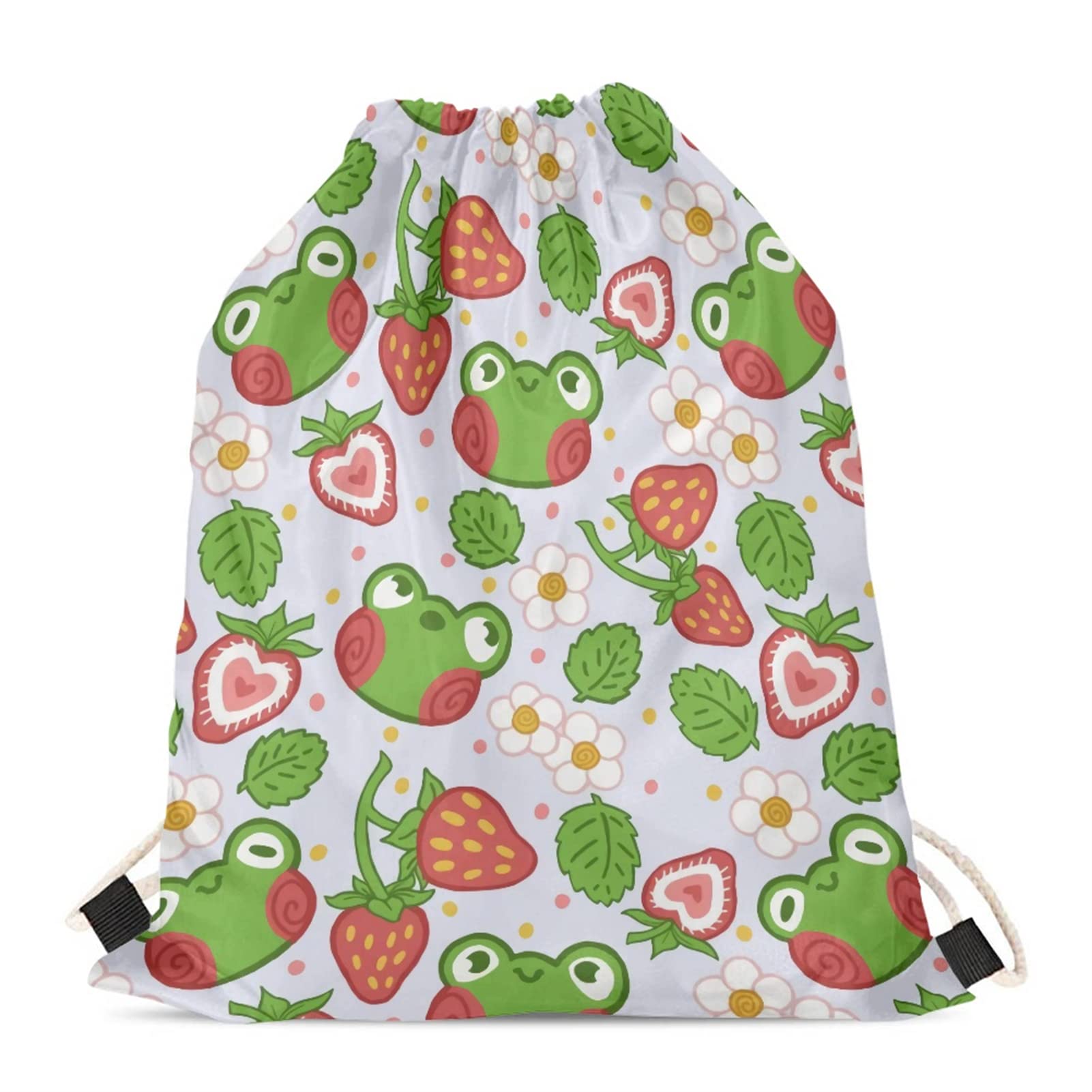 HELLHERO Cute Strawberry Frog Drawstring Bags Draw String Bag Cinch Sackpack for Kids Women Girls Daypack Multi-functional Storage Pouch Sports Gym Yoga Daily Rucksack Book Bags — image 1