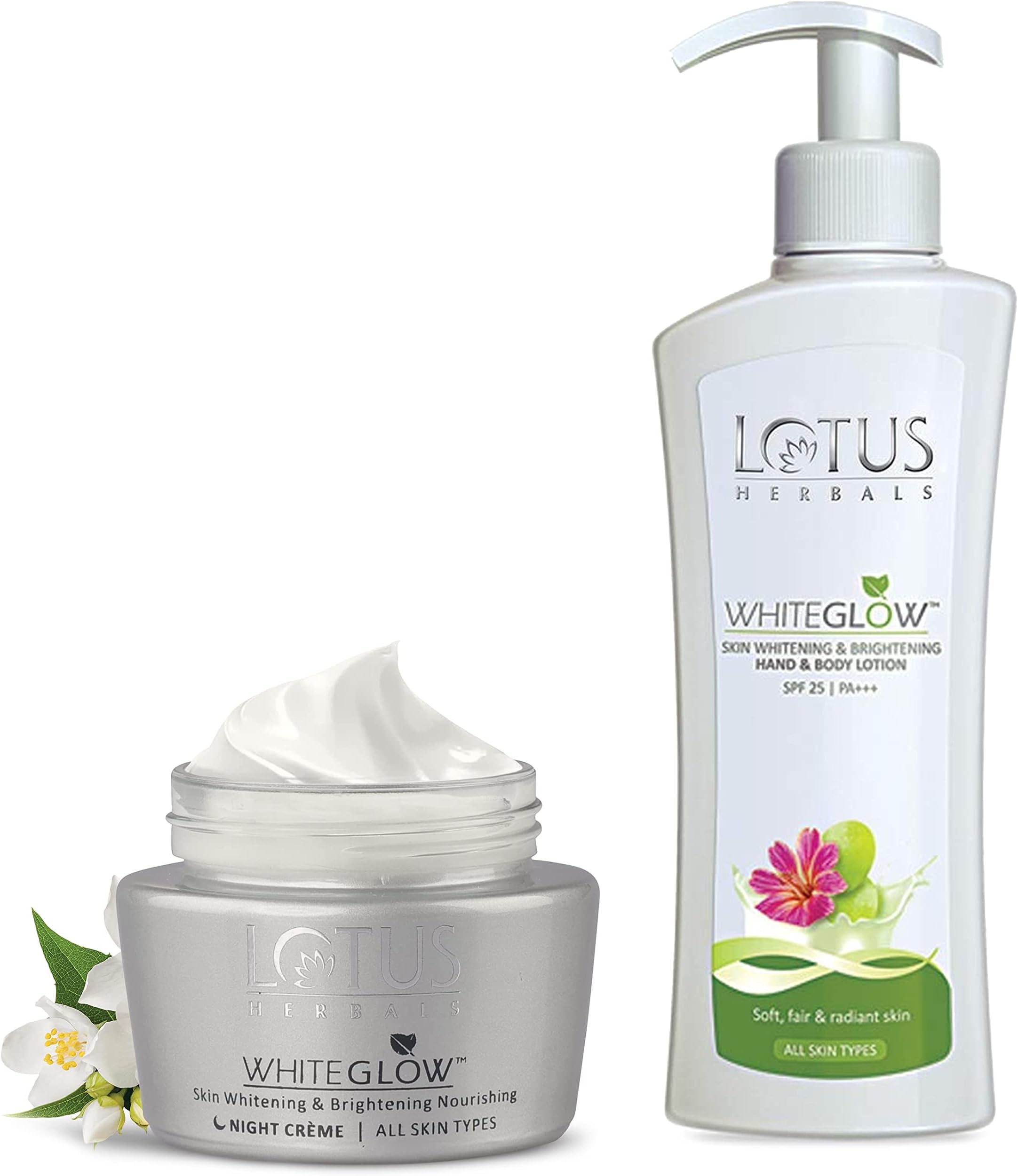 Lotus Herbals White Glow Skin Whitening & Brightening Nourishing Night Crème, 60g & White Glow Skin Whitening & Brightening SPF-25 Hand & Body Lotion, 300ml