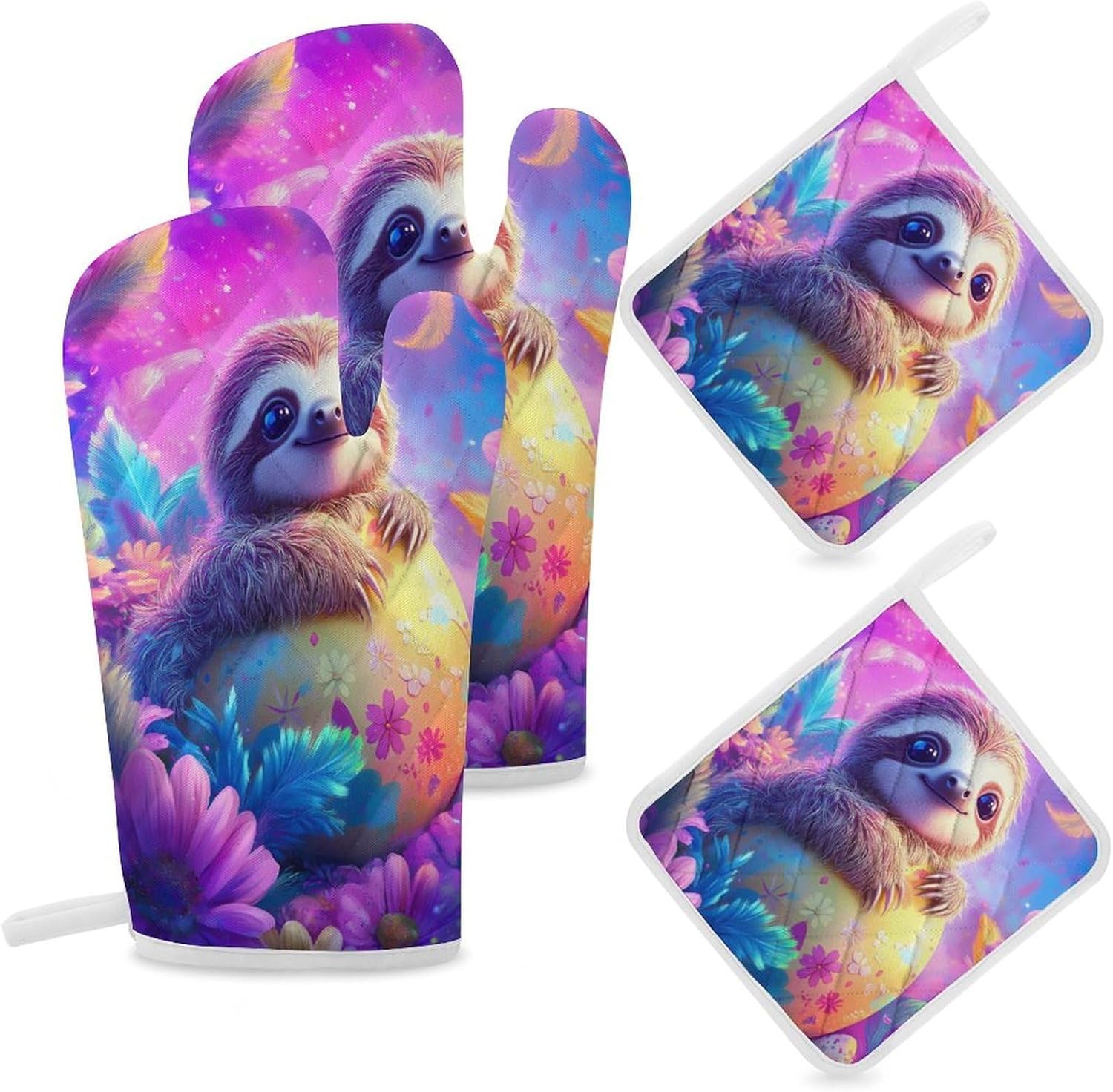 Cute Sloth Easter Egg Oven Mitts and Pot Holders 4Pcs Set Heat Resistant Cooking Mitts Hot Pads