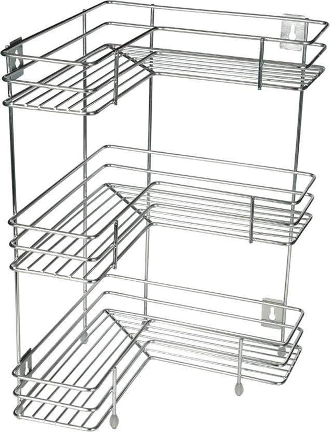 Rasvesh Rust Free Stainless Steel Fruit and Vegetable Stand Basket Trolley Modern Onion Potato Kitchen Storage Steel Rack -Triple Tire Trolley Shelf (Silver) (3 L Corner), Floor Mount, Corner Shelf