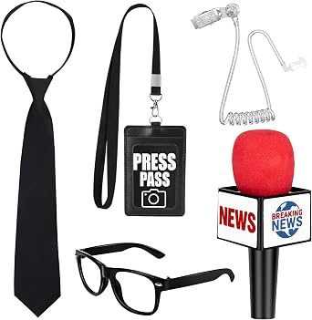 Journalist News Reporter Costume Accessories for Adult/Kids,News Reporter Set with Fake News Microphone Prop Press Pass Glasses Tie for Halloween Cosplay Black