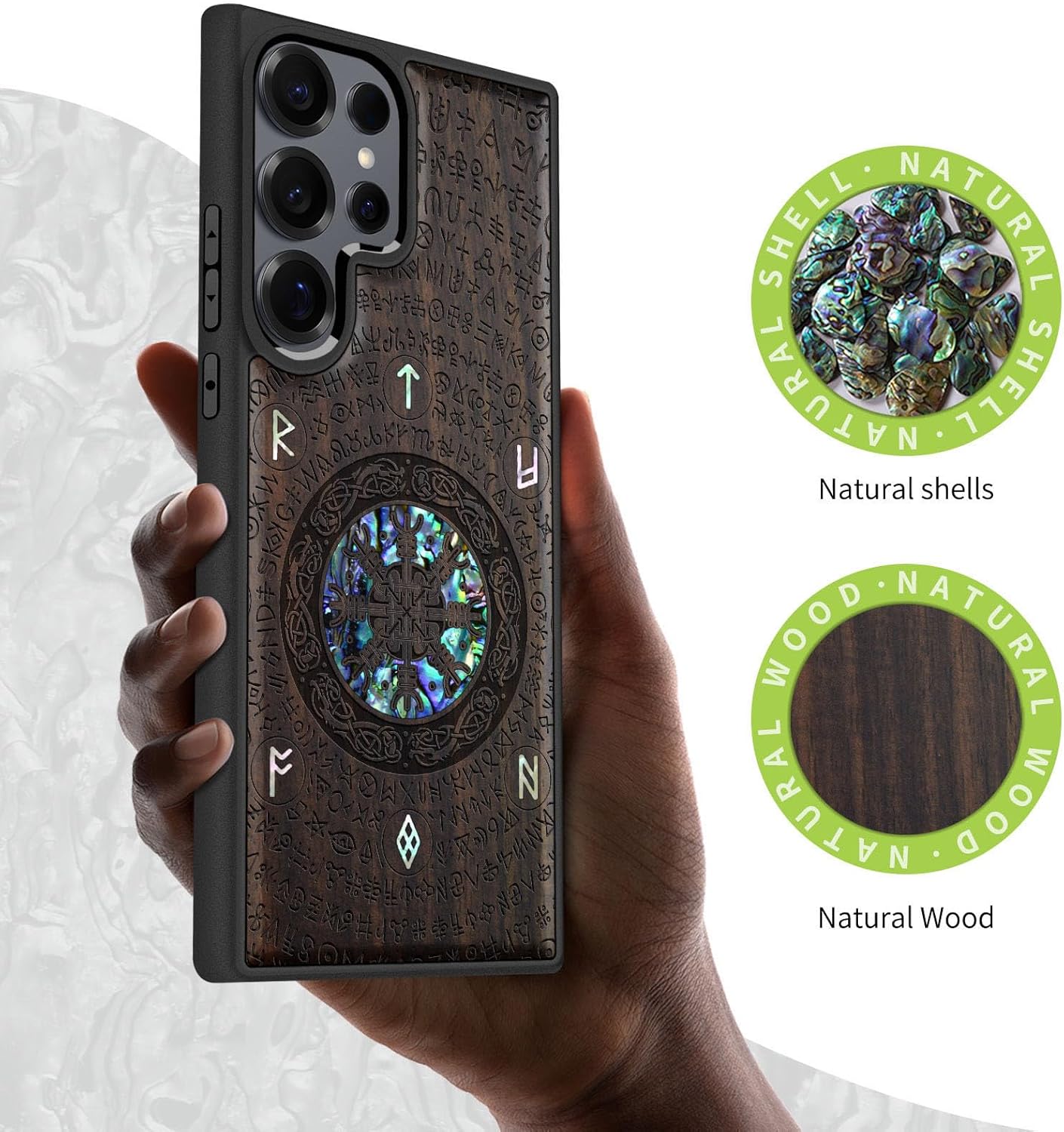 Carveit Magnetic Wooden Case for Samsung Galaxy S25 Ultra Case, Wood Artisan Engraved & Handmade Shell Inlaid, Compatible with MagSafe Wireless Chargers (Viking) Blackwood