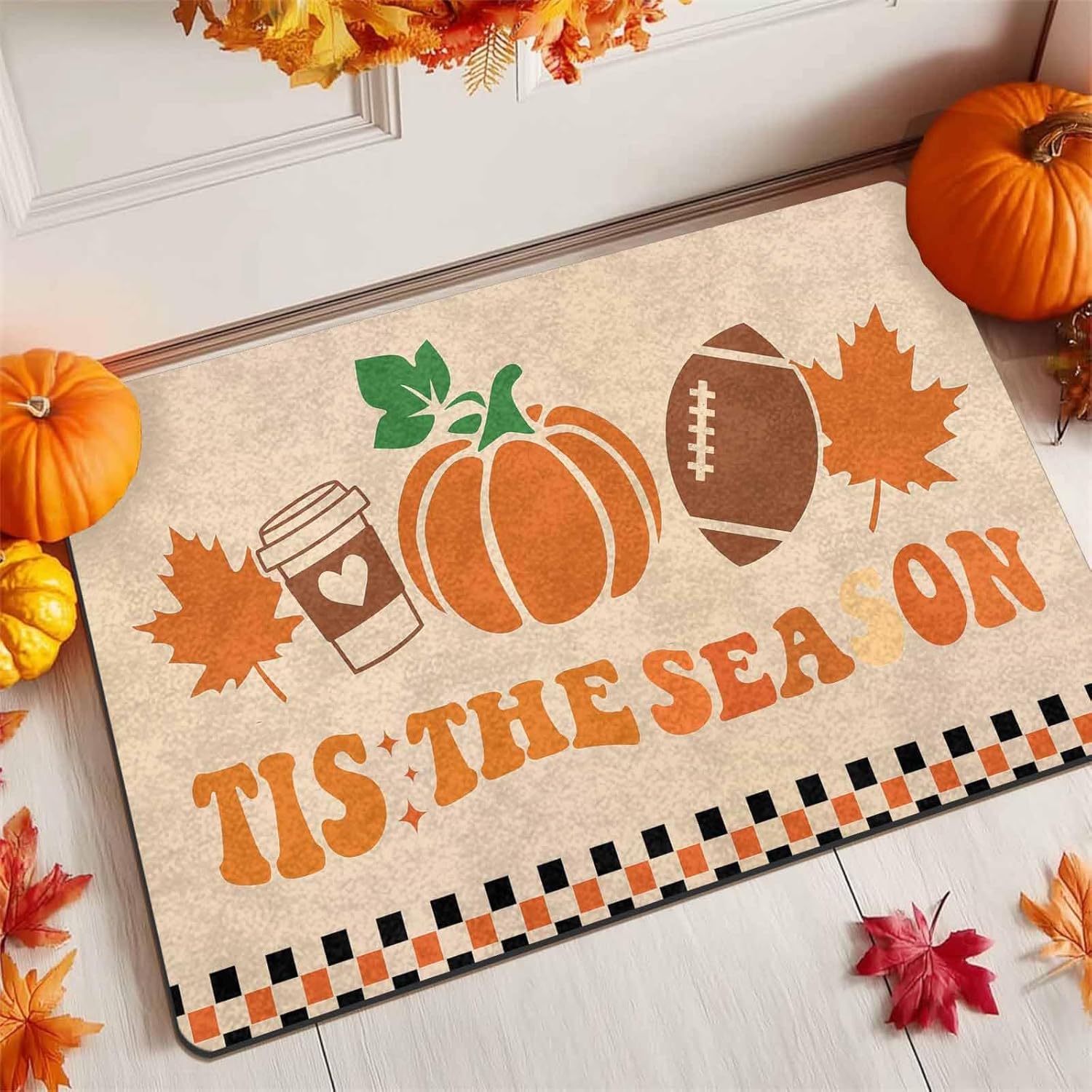 Retro"Tis the Season"Fall Door Mat,Halloween Welcome Mat for Front Door,Non-Woven Fabric Doormat for Entryway, Porch or Patio,Bathroom,Kitchen,Rubber Backing Outdoor Rug Flat Printing Doormat 30*18 in